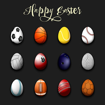 Happy Easter. Set eggs in the form of soccer, football, basketball, tennis, baseball, volleyball, billiard, bowling, golf, rugby, cricket, handball ball on an isolated background Vector illustration