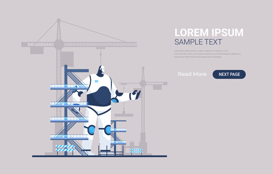 modern robot foreman engineer against construction site with building tower cranes artificial intelligence technology