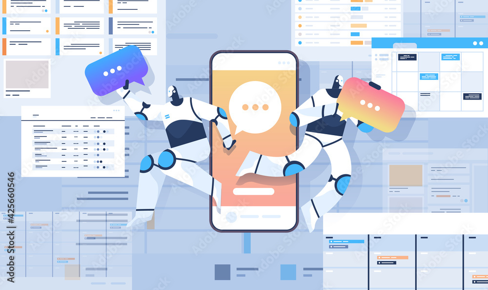 Poster robots with chat bubbles using online mobile chatting app online communication artificial intelligen