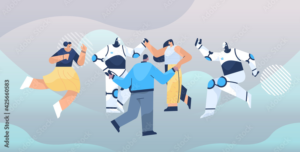 Poster modern robots with businesspeople holding hands standing together in row unity teamwork artificial i