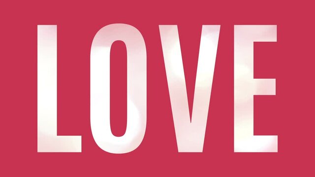 Large word Love with lights moving in the letters, isolated on pink background. Graphic animation for e-card, celebration or invitation.