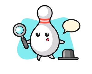 bowling pin cartoon character searching with a magnifying glass