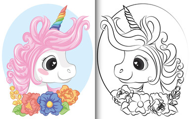 Coloring book Unicorn with rainbow horn and flying hair