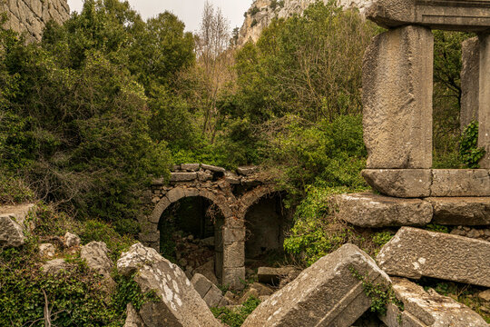 Scenic view of Termessos, which  was a Pisidian city built at an altitude of more than 1000 metres at the south-west side of the mountain Solymos (G&uuml;ll&uuml;k Dağı) in the Taurus Mountains, Antalya Turkey