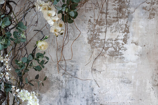 Texture stained old dark concrete wall background with empty frame hang on wall from natural texture of seamless floral pattern with young spring leaves of the plant.