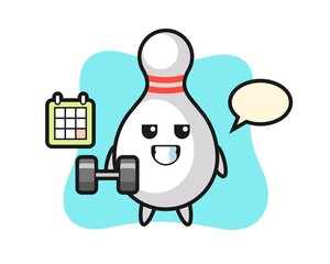 bowling pin mascot cartoon doing fitness with dumbbell