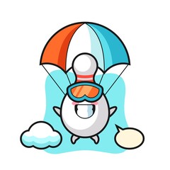 bowling pin mascot cartoon is skydiving with happy gesture