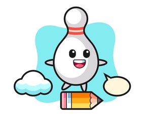 bowling pin mascot illustration riding on a giant pencil