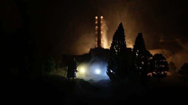 Creative artwork decoration. Chernobyl nuclear power plant at night. Layout of abandoned Chernobyl station after nuclear reactor explosion. Selective focus