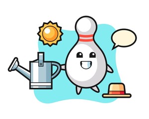 Cartoon character of bowling pin holding watering can