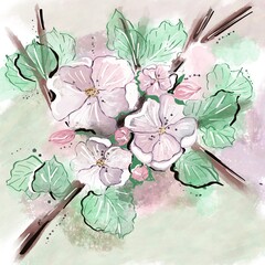 Apple blossom branch with pink flowers in digital watercolour  technique 