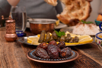 Traditional Turkish dinner include pilaf (boiled rice), lentil soup, Izmir meat balls with...