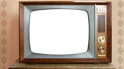 old retro analog TV with blank screen for designer, isolated on white background, 1960-1970,...