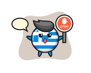 greece flag badge character illustration holding a stop sign