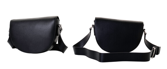Black women's handbag made of genuine leather with a wide shoulder strap. A crescent-shaped bag...