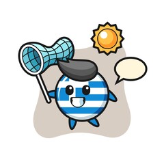greece flag badge mascot illustration is catching butterfly