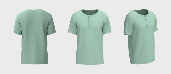 Blank short-sleeve henley t-shirt mockup. Front, back and side views, design presentation for print, 3d illustration, 3d rendering