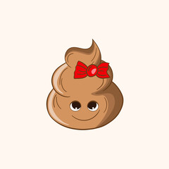 Cartoon poo, template feces icon. Kawaii poop isolated on white background. Shit pattern, evil turd. Vector illustration for invitation, poster, card, fabric, textile. Doodle style