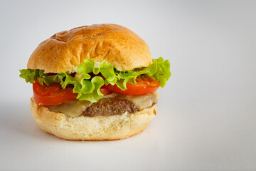 Delicious hamburger on wooden background. Burger with tomato, lettuce, meat and cheese.