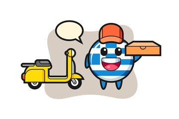 Character Illustration of greece flag badge as a pizza deliveryman
