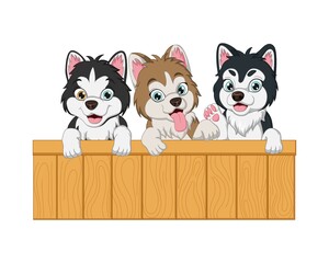 Set of three baby dog cartoon with wooden sign