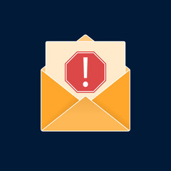 Yellow fraud letter icon with document, alert exclamation warning sign. Vector phishing newsletter mail illustration. Scam and malicious spam - obrazy, fototapety, plakaty