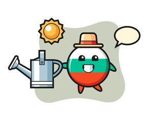 Cartoon character of bulgaria flag badge holding watering can