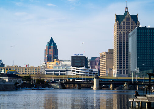 A Landscape View Of The Milwaukee, Wisconsin Skyline At The Milwaukee River