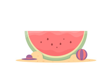 illustration of a slice of watermelon, beach hat, beach ball, and sand. summer party concept. flat style. vector design