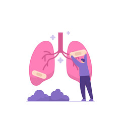 care to maintain lung health. illustration of a male nurse caring for and caring for an injured lung. respiratory organ treatment. flat style. health vector design