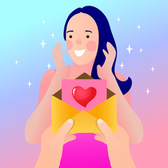 An envelope and a cheerful girl. Surprised girl received love letter, message in envelope with red heart. Happy valentines day. Vector cartoon design.