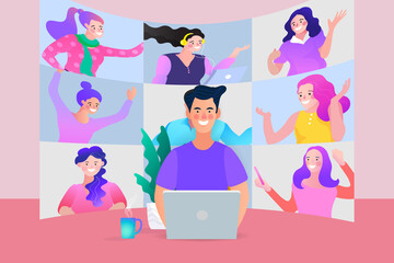 Hosting a virtual meeting concept. A male team leader or speaker hosts a video conference on his laptop with an engaged group of diverse women. Vector for a webinar or online collaboration.