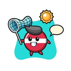 latvia flag badge mascot illustration is catching butterfly