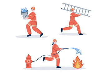 Obraz premium Firefighters With House Fire Engines, Helping People and Animal, Using Rescue Equipment in Various Situations. Vector Illustration