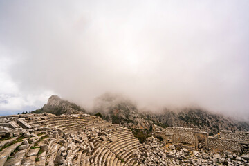 Scenic view of theater of Termessos, which  was a Pisidian city built at an altitude of more than 1000 metres at the south-west side of the mountain Solymos (Güllük Dağı) in Taurus Mountains, Antalya