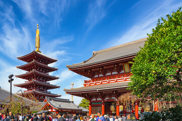 Fototapeta premium Japan - November 18, 2019 : Crowd of Tourists enjoy sightseeing at Sensoji Temple in Sunny Blue Sky Day, Asakusa, Tokyo