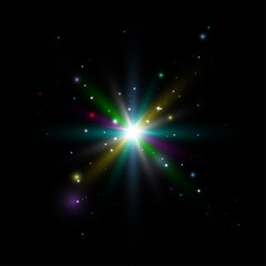 Glow light effect colorful vivid. Star shine with sparkles isolated on dark background. Flare bright explosion. Magic fantasy particle. Spark beam. Vector illustration.