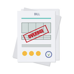 Overdue, unpaid or past due bill. An expense document with a delay in payment. Debt or past purchase notice.Financial data and red stamp. Vector