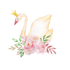 Watercolor gentle swan with a crown and a bouquet © SvetaArt