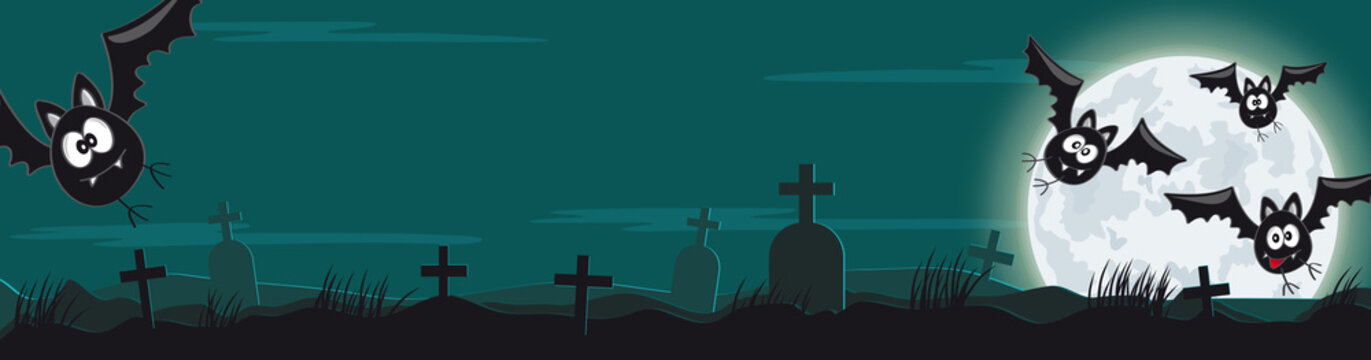 Halloween Banner mit Friedhof, Fledermäusen und Vollmond