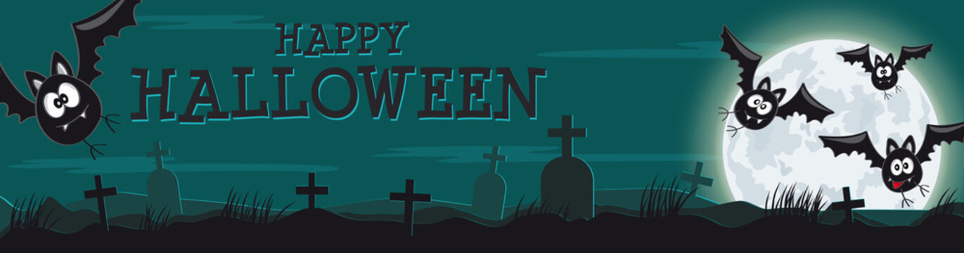 Happy Halloween Banner mit Friedhof, Grab, Fledermaus und Mond