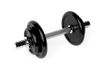 Fototapeta na wymiar Single fitness gym dumbbell with chrome handle and black plates over white background, muscle exercise, bodybuilding or fitness concept