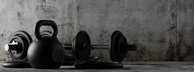 Fitness gym dumbbells and kettlebells with chrome handle and black plates in concrete room background, muscle exercise, bodybuilding or fitness concept - obrazy, fototapety, plakaty