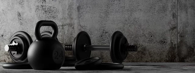 Fototapeten Fitness gym dumbbells and kettlebells with chrome handle and black plates in concrete room background, muscle exercise, bodybuilding or fitness concept © Shawn Hempel
