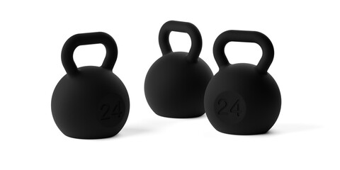 Naklejka na ściany i meble Group of three fitness gym kettlebells over white background, muscle exercise, bodybuilding or fitness concept