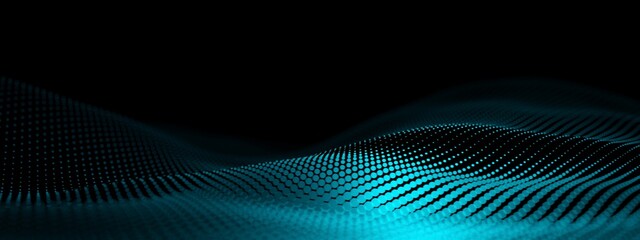 Blue cyan wave points terrain or landscape over black background, technology or business template