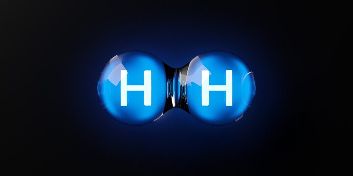 Single abstract transparent glowing hydrogen H2 molecule over dark background, clean energy or chemistry concept