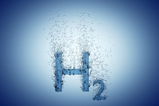Hydrogen H2 symbol with bubbles over blue background, clean energy or chemistry concept