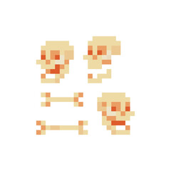 Human bones and skull pixel art icon. Skeleton isolated vector illustration. Design stickers, logo, app, science, medicine, education. 8-bit.