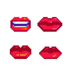 Beautiful red glossy lips Pixel art icons set. Woman mouth. Knitted design. Pixel art. Isolated vector illustration. Old school computer graphic style.